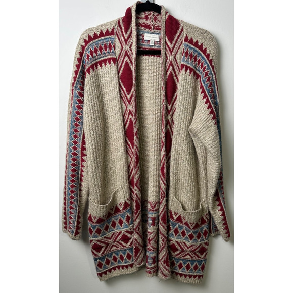 Lucky Brand Sweaters - Lucky Brand Aztec Knit Long Cardigan Women’s Size L Open Front Boho Pockets